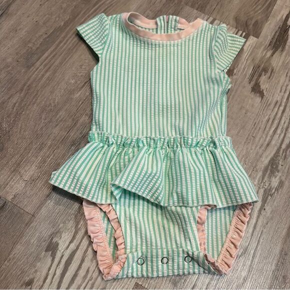 RUFFLE BUTTS One Piece Swimsuit Girls 12-18 months Stripe Bow - Picture 1 of 8